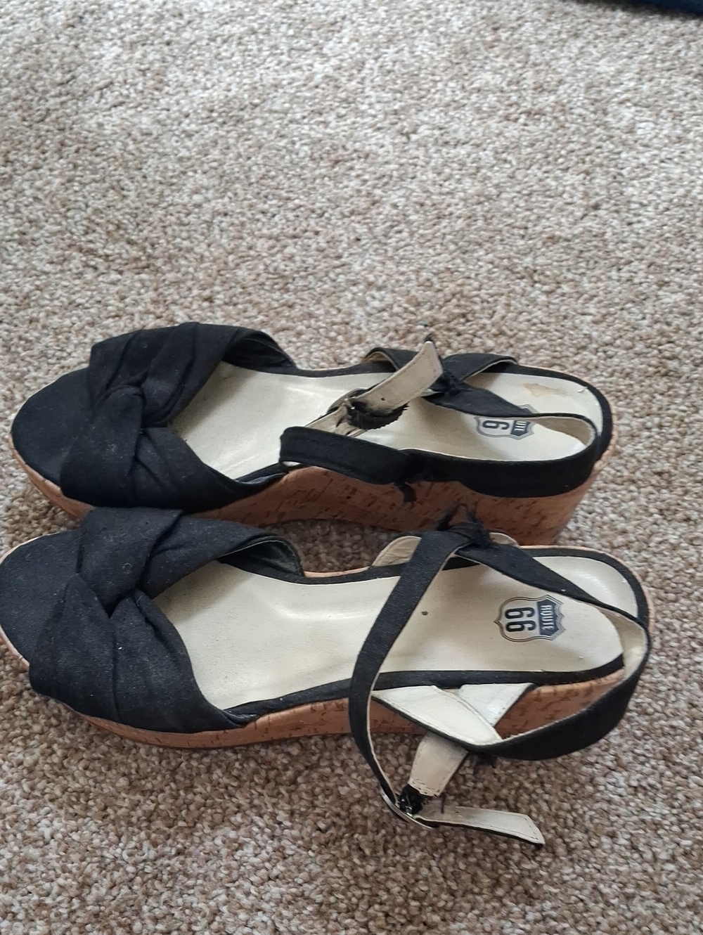 Route 66 Black Cork Wedge Sandals with Knotted Toe and Ankle Strap